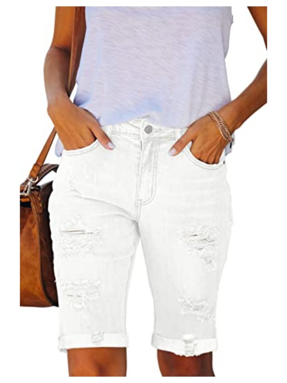 Women's Ripped Bermuda Jean Shorts Stretchy Mid Waist Casual Summer Denim